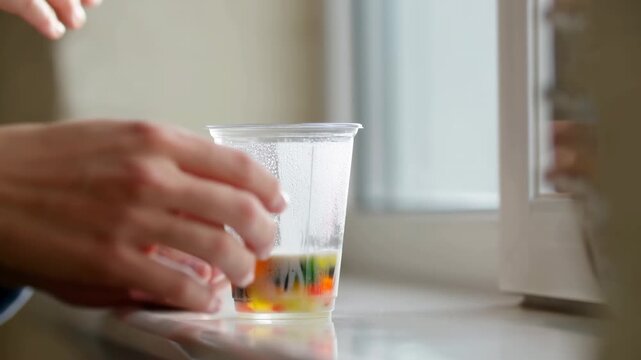 Hands Holding a Clear Cup of Orange Drink by a Bright Window
