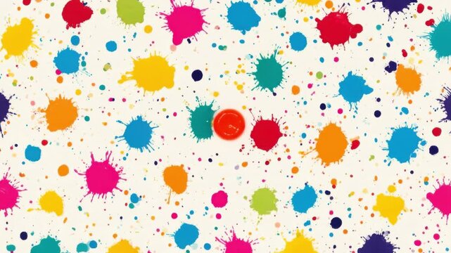 Colorful scattered paint splatter spots in various sizes on white background creating abstract artistic pattern with vibrant pink red blue orange yellow green purple hues