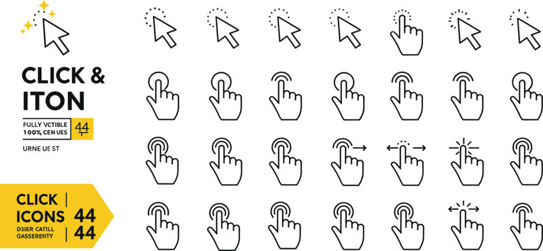 Cursor click icons set, hand pointer gestures, mouse arrow UI UX symbols, vector illustration