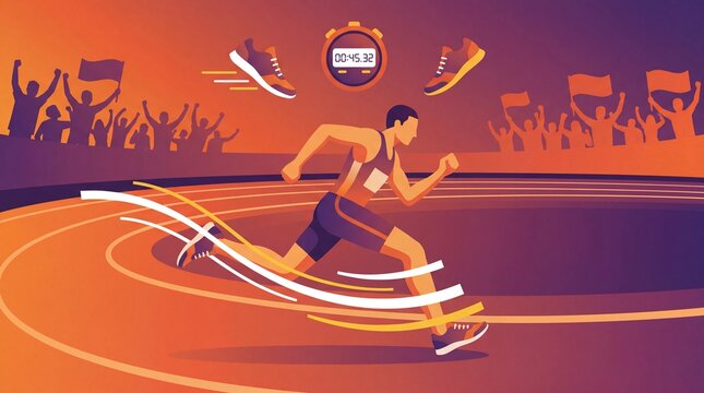 Athlete running on track with stopwatch and cheering crowd in vibrant sports illustration