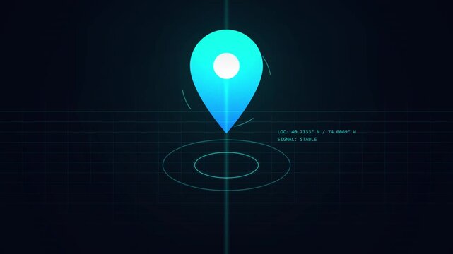 Digital glowing location pin icon with concentric circles on dark futuristic background