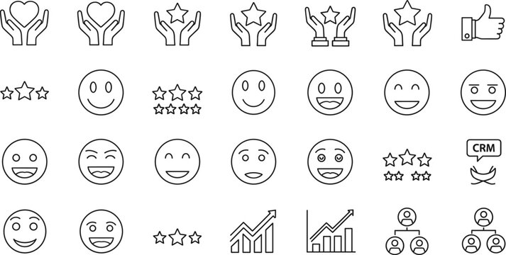 Customer feedback icon vector set, black-and-white line symbols for satisfaction, ratings, and performance metrics