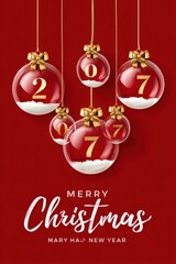 Obraz premium Merry Christmas red and gold hanging baubles with festive numbers and snowy accents