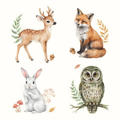Fototapeta premium Woodland creatures including a young deer, fox, rabbit, and owl are depicted with botanical accents.
