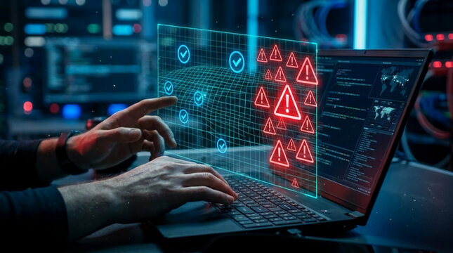 Hands interacting with digital interface showing warning symbols, representing cybersecurity and system alerts in a high-tech environment