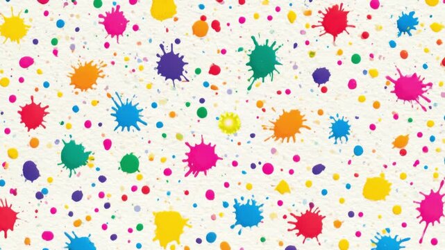Colorful paint splatter background with vibrant rainbow drops spread randomly across white textured surface for artistic creative design