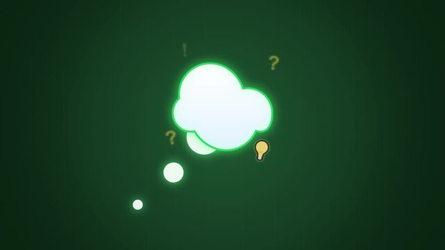 Bright idea light bulb cloud symbol animation with question marks on green background