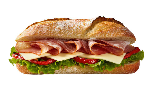 Hearty sub sandwich with cured meats cheese lettuce, and tomato
