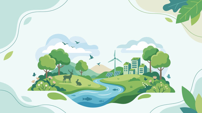 Sustainable green environment landscape featuring wild animals and renewable energy sources
