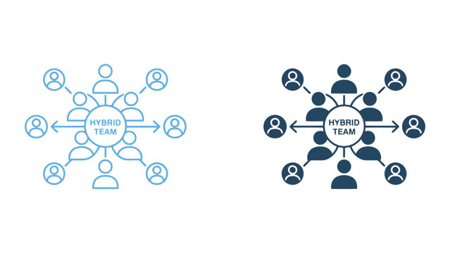 Hybrid team network structure icon set featuring decentralized connectivity and remote group collaboration for organizational management and digital workforce communication strategies