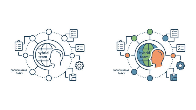 Hybrid team task coordination icon set featuring global connectivity and remote workforce management symbols for distributed project teams and international digital collaboration workflows