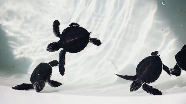 Slow motion baby sea turtle hatchlings swimming in in nursery at conservation center.