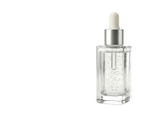 Naklejka premium Clear glass cosmetic dropper bottle with serum isolated on transparent background, luxury skincare product packaging for beauty, dermatology, and wellness industry advertising design.