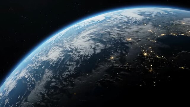 Majestic orbital video of earth from deep space, sunlit blue halo, detailed continents, city lights, dynamic lighting, soft lens flare. Global interconnectedness concept