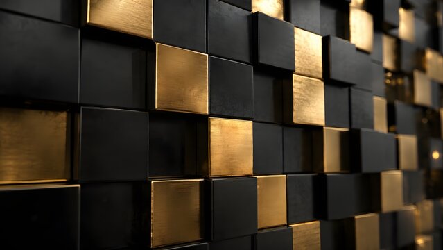 High resolution 3D render of black and gold geometric block wall texture. This luxurious backdrop is ideal for modern business banners, web headers, and premium prints.
