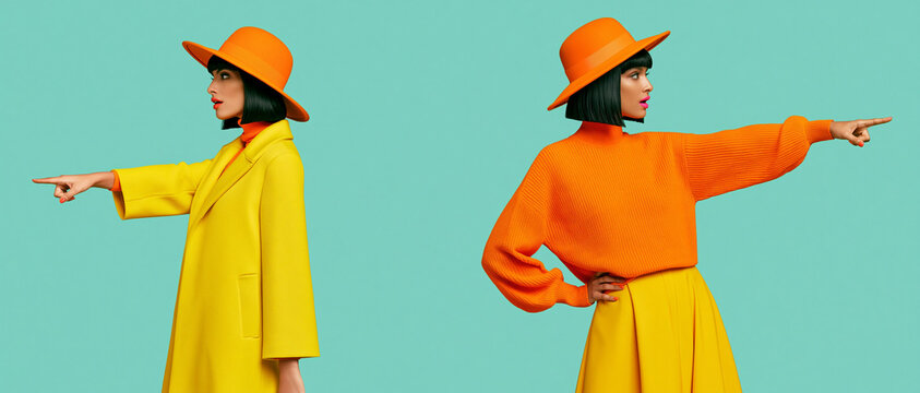 Two women in colorful outfits and hats point in opposite directions, symbolizing choices or contrasting paths