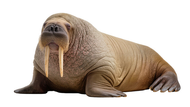 Large walrus with long tusks and thick skin lying down