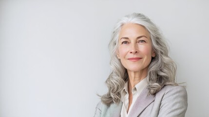 Fototapeta premium Grey-haired professional woman in business attire standing full-length with text space on white background