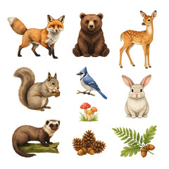 Naklejka premium Forest animals including a fox, bear, deer, squirrel, blue jay, rabbit, and ferret are presented as a collection of individual watercolor illustrations.