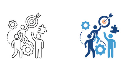Professional team working together to hit business targets with gears and puzzle pieces in flat vector illustration style for strategic corporate growth and productivity concepts © Rahim