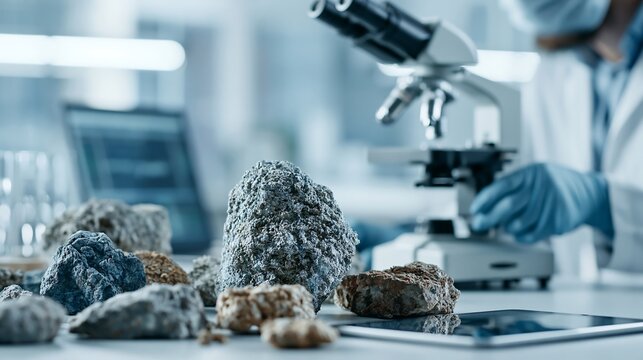 Rock specimens arranged beside a microscope in a research laboratory. Concept of mineral characterization, geological investigation, critical resources, and scientific material analysis