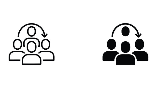 Delegation and task assignment icon set featuring people figures with arrow symbols for leadership and management concepts in clean line art and solid vector illustration design styles