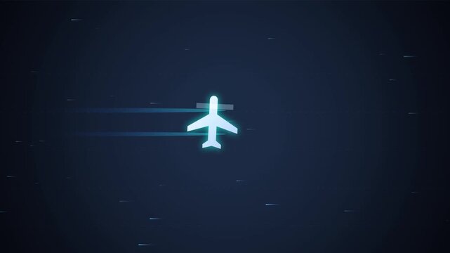 Glowing airplane icon flying forward against a dark blue background with motion trails