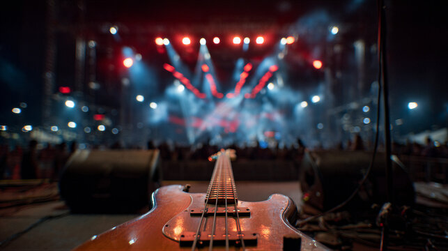 Empty outdoor stage with vintage amps under cinematic red, white, and blue lighting. Volumetric fog, creamy bokeh, and generous copy space ideal for Independence Day festival banners and music promos.