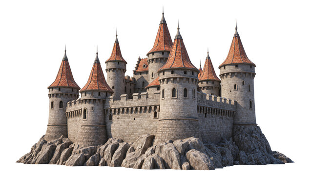 Medieval stone castle with orange tiled conical roofs on rocky terrain