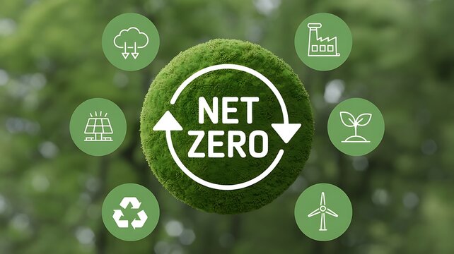 A green globe with Net Zero text surrounded by eco-friendly icons floats in a lush forest with trees and wind turbines.