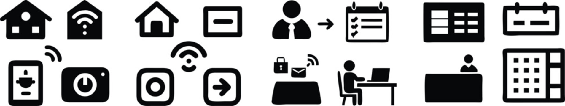 Set of solid black for smart home automation, office productivity, scheduling, and user management interface for digital apps