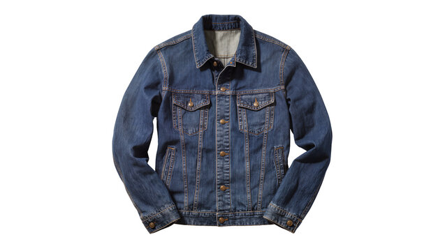 Blue denim trucker jacket with button closure and chest pockets