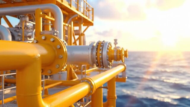 Industrial pipes on an offshore platform at sunset