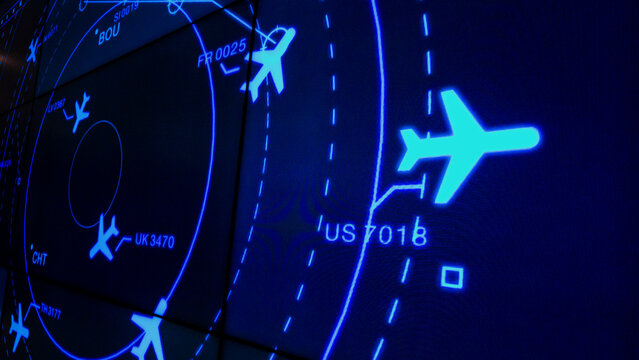 Close-up of Blue Air Traffic Control Radar Screen with Flight Data