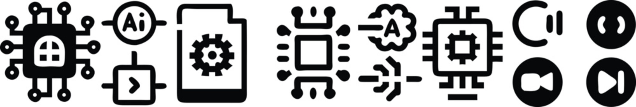 A collection of black silhouette representing artificial intelligence, microchips, digital processing, and media playback controls
