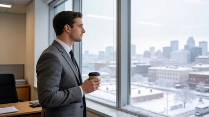 Fototapeta premium Thoughtful businessman gray suit coffee snow city warm