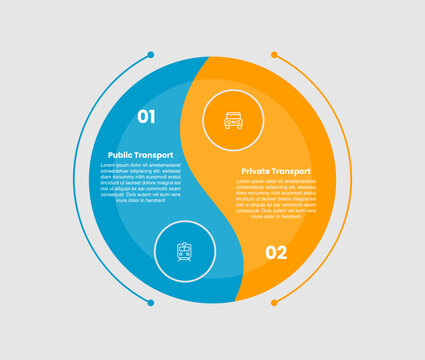 Public vs private transport infographic template with big circle balance yin and yang with circle badge with 2 points comparison flat style