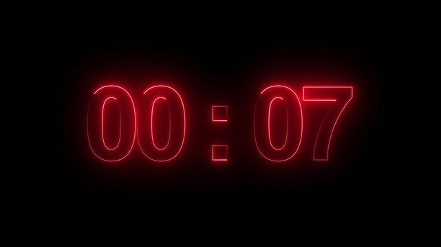 Countdown timer displays the red neon digits seven seconds remaining on a dark black background which provides enough negative space for any necessary text overlays in a modern digital graphic design.