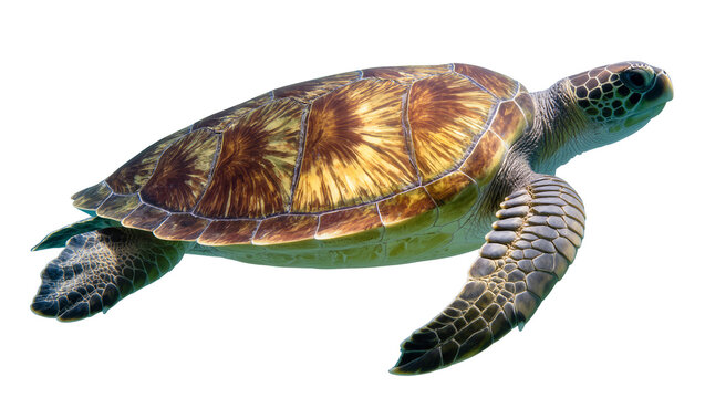 Green sea turtle swimming, detailed shell pattern and scales