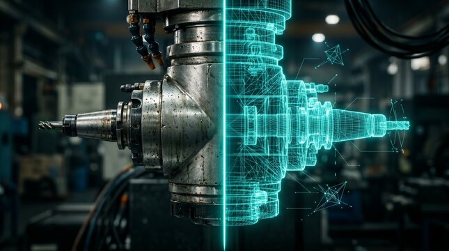 Digital Twin CNC Spindle Hologram Smart Manufacturing Concept