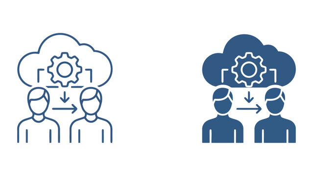 Technical team knowledge transfer and cloud processing icon set in outline and solid styles showing people interacting with gear symbols for corporate training and digital infrastructure concepts