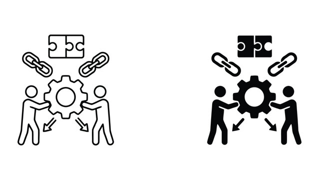 Teamwork project construction and puzzle solution icon set in outline and solid styles featuring people building gear with chain links for collaborative business development and project management
