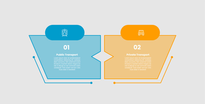 Public vs private transport infographic template with trapezoid shape with round rectangle badge on top with 2 points comparison flat style