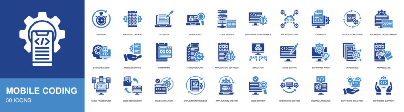 Mobile Coding icon set collection. Programming, coding, software, app development icon. Simple glyph color vector.