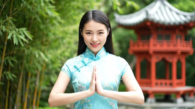 A woman in a cheongsam takes a photo in front of a pavilion and prays for blessings in the cheongsam garden