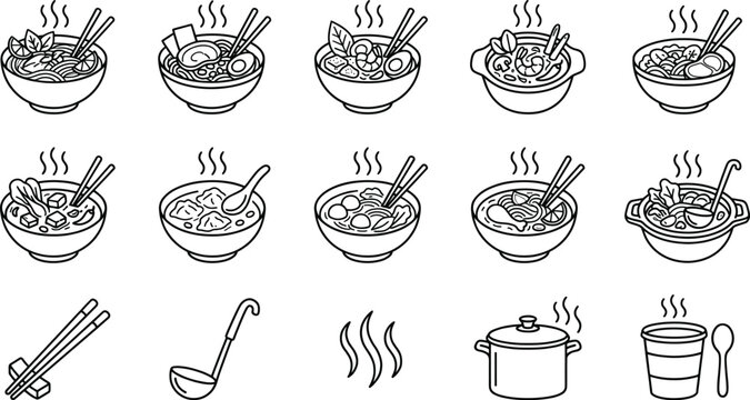 Street food noodle soup line art icons vector of ramen pho bowls hot pot and chopsticks