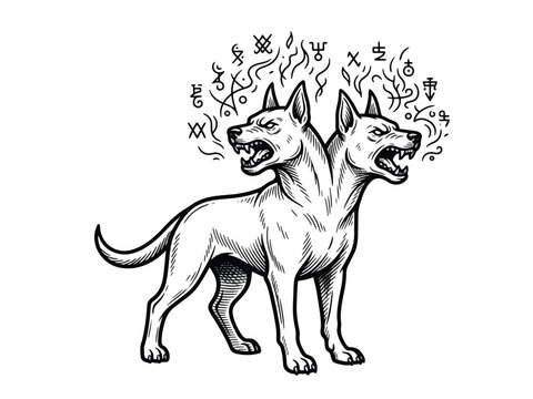 A black and white illustration of a two-headed dog with mystical symbols surrounding its heads.