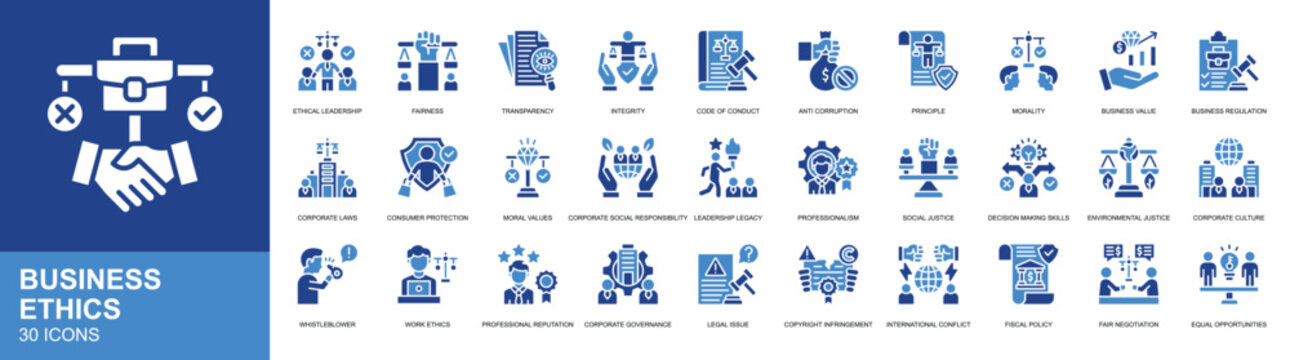Business Ethics icon set collection. integrity, partnership, equality, law icon. Simple glyph color vector.