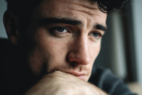 Introspective young adult male in a subdued setting, showing worry and thought