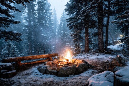 Intimate winter campfire scene in a quiet snowy forest with rustic seating